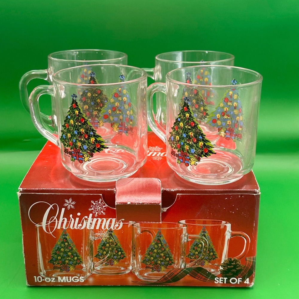 Vintage Christmas Tree Clear Glass Mugs Set of 4 10oz Luminarc Holiday Magic